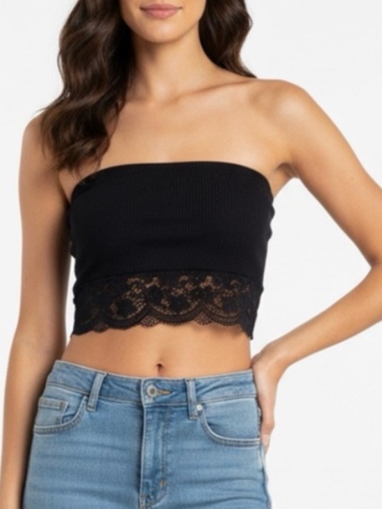 Anthropologie Tops - Black Strapless Lace-Trim Crop Top
